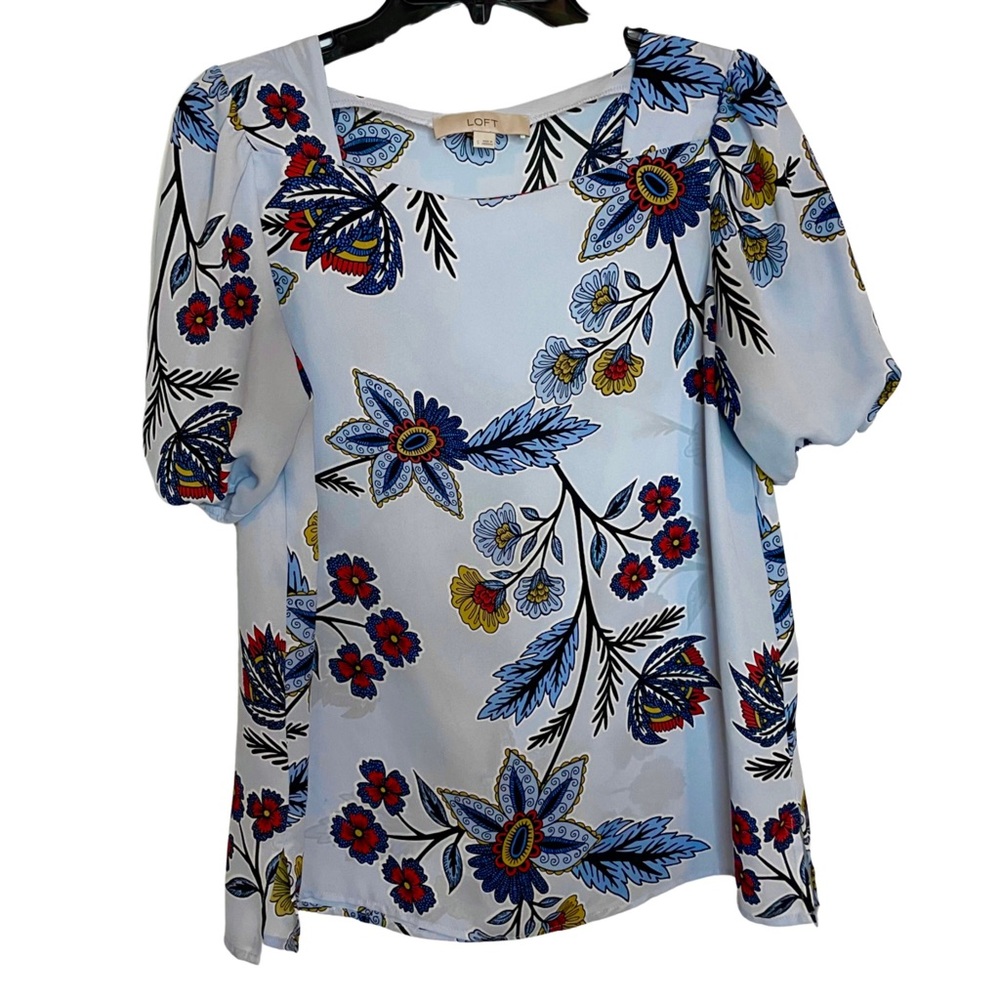 LOFT Blue Floral Island Party Elbow Sleeve Blouse / Small / Bright & Colorful